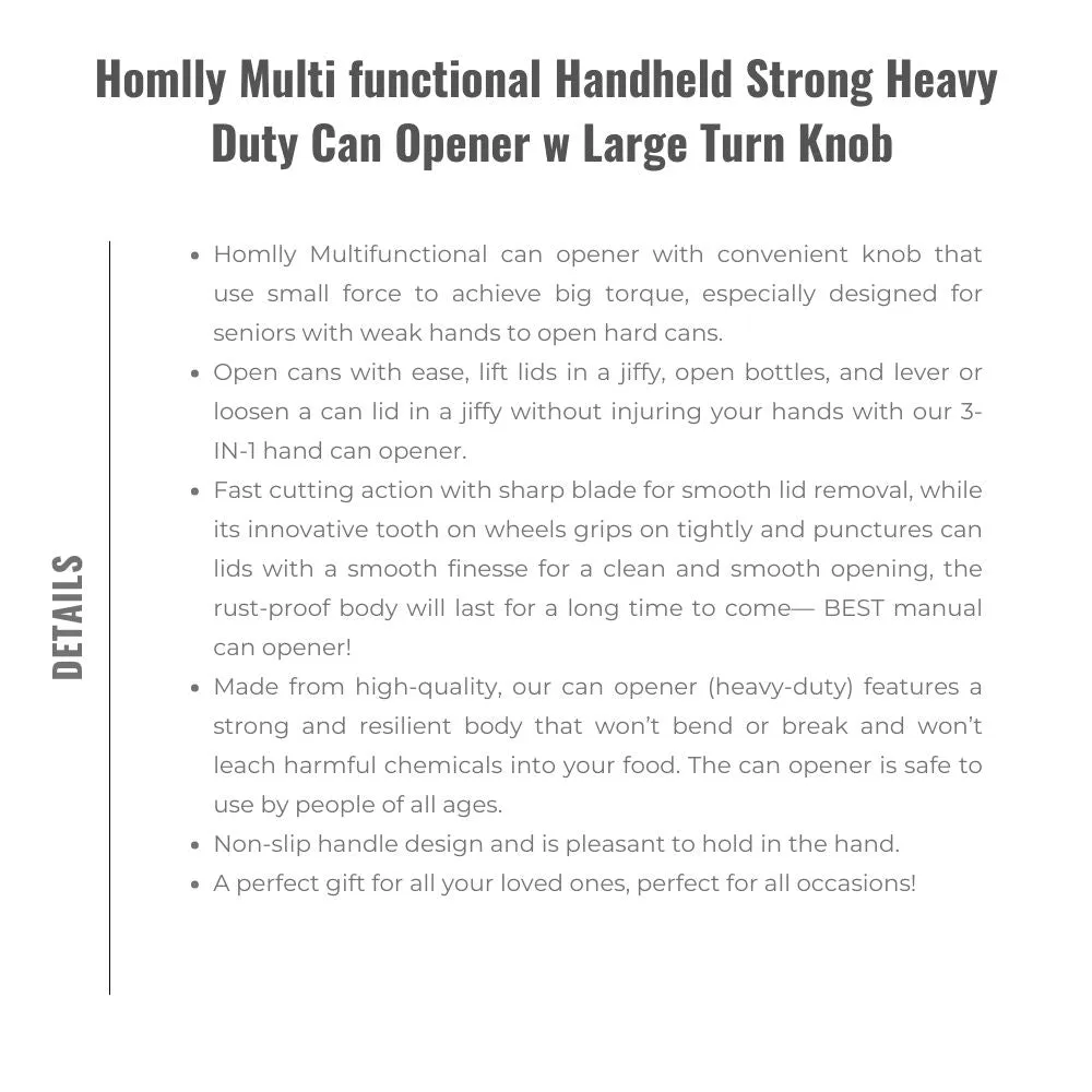 Homlly Multi functional Handheld Strong Heavy Duty Can Opener w Large Turn Knob