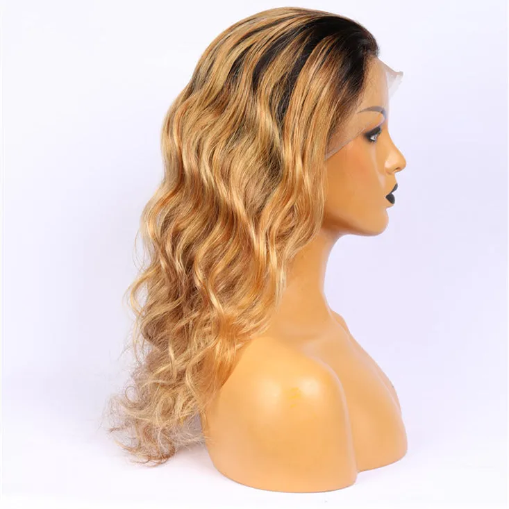 Human Hair Blond With Dark Root Ombre Color Wigs
