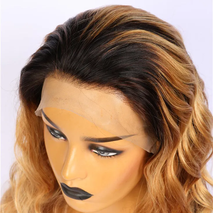 Human Hair Blond With Dark Root Ombre Color Wigs