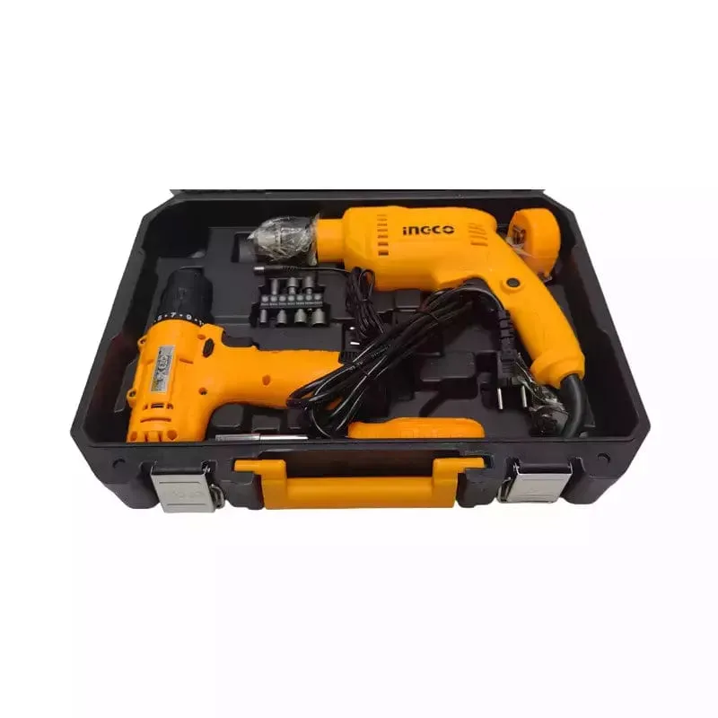 Ingco 108 Pieces Tools Set with 680W Hammer Impact Drill & 12V Li-ion Cordless Drill - HKTHP11081