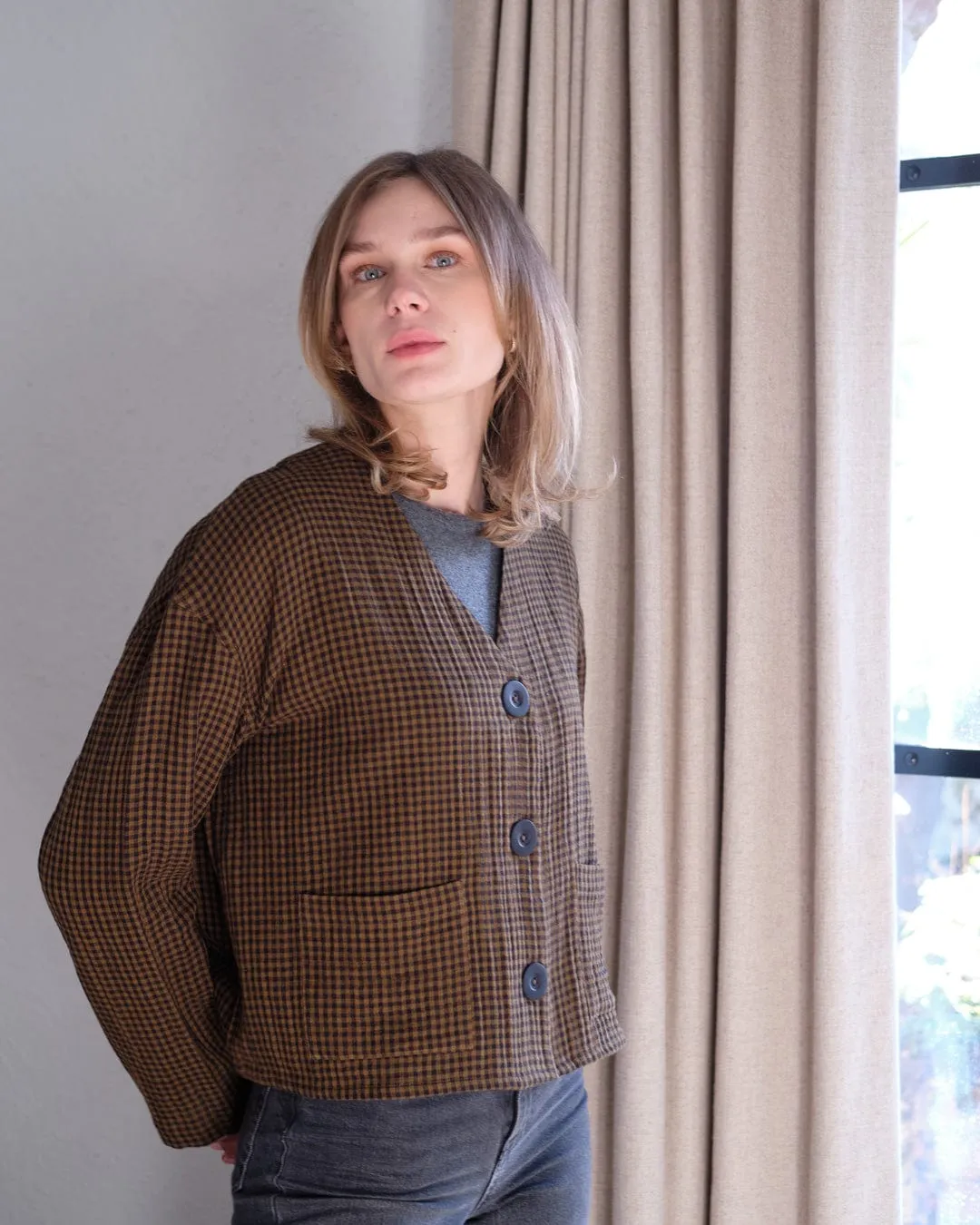 Irma Relaxed Cotton Blouse | Olive Check