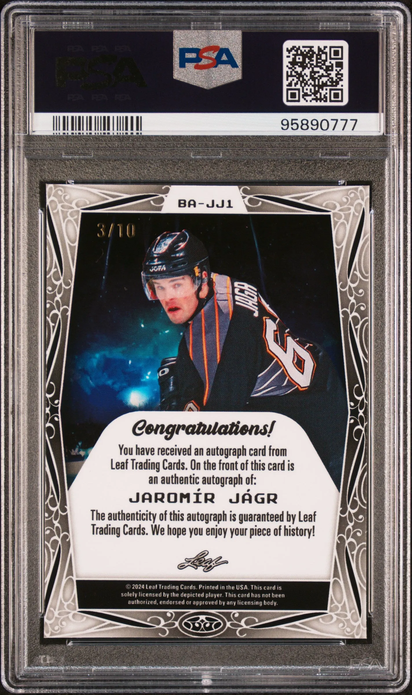 Jaromir Jagr - 2024 Leaf Metal Legends Autographs Silver Diagonal Shim PSA 9