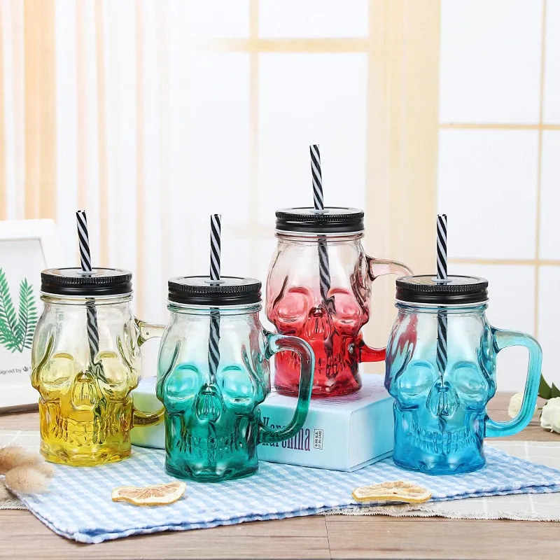 KE Skull Glass Mason Jar Mug Tumbler Cup With Lids And Straw Skull ( GLASS)