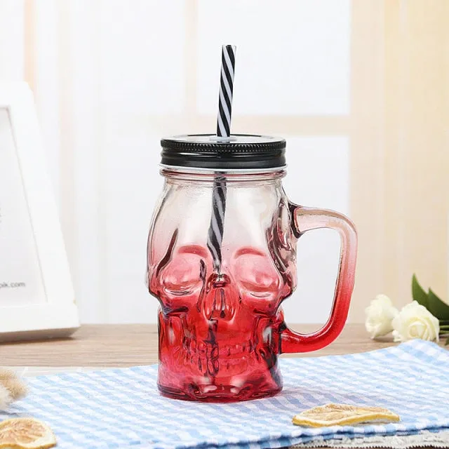 KE Skull Glass Mason Jar Mug Tumbler Cup With Lids And Straw Skull ( GLASS)