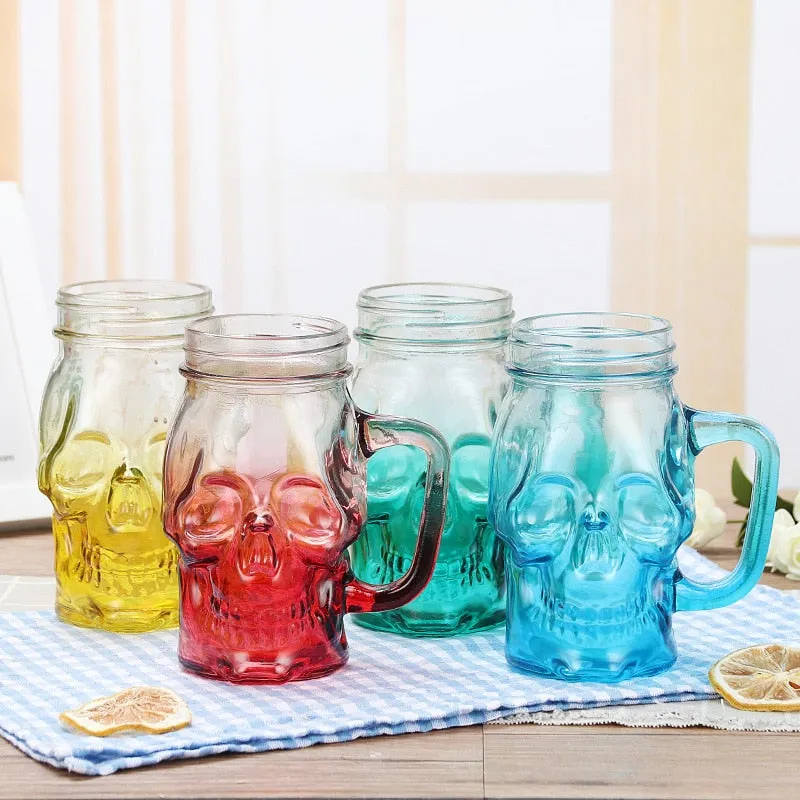 KE Skull Glass Mason Jar Mug Tumbler Cup With Lids And Straw Skull ( GLASS)