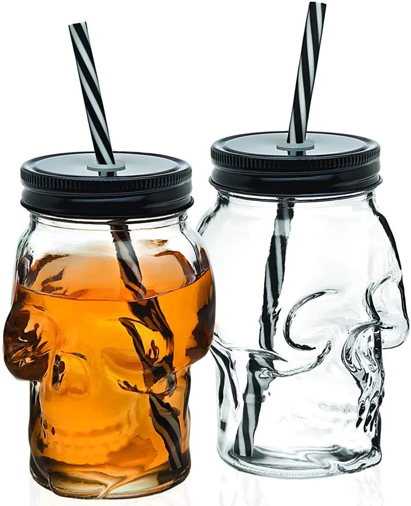 KE Skull Glass Mason Jar Mug Tumbler Cup With Lids And Straw Skull ( GLASS)
