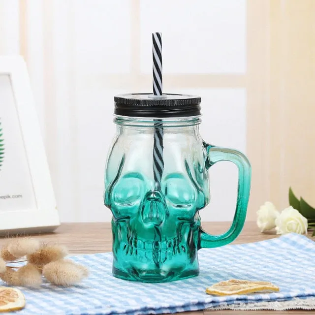 KE Skull Glass Mason Jar Mug Tumbler Cup With Lids And Straw Skull ( GLASS)