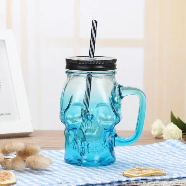 KE Skull Glass Mason Jar Mug Tumbler Cup With Lids And Straw Skull ( GLASS)