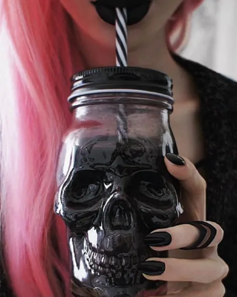 KE Skull Glass Mason Jar Mug Tumbler Cup With Lids And Straw Skull ( GLASS)