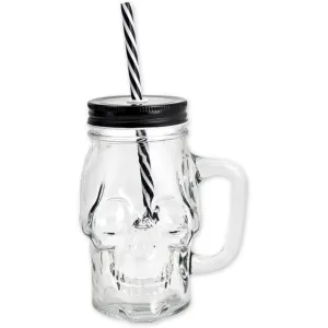 KE Skull Glass Mason Jar Mug Tumbler Cup With Lids And Straw Skull ( GLASS)