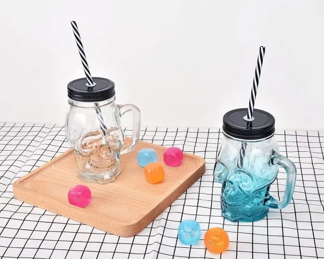 KE Skull Glass Mason Jar Mug Tumbler Cup With Lids And Straw Skull ( GLASS)