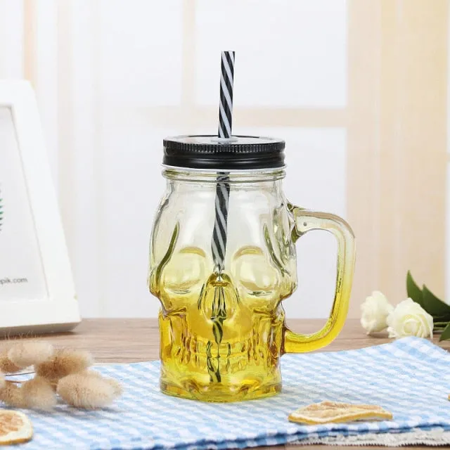 KE Skull Glass Mason Jar Mug Tumbler Cup With Lids And Straw Skull ( GLASS)