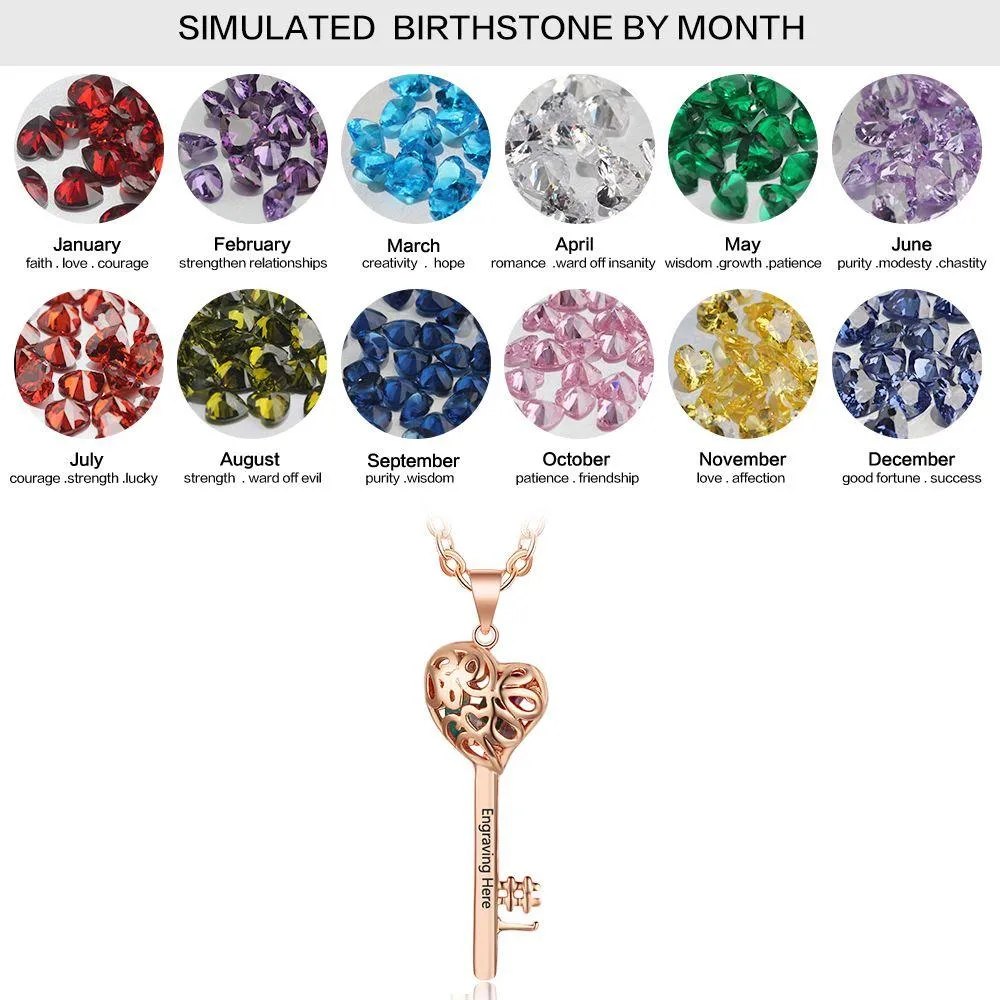 Key Shape With Birthstone Rose Gold Color Personalized Gift Engrave Name 925 Sterling Silver Pendant Necklace