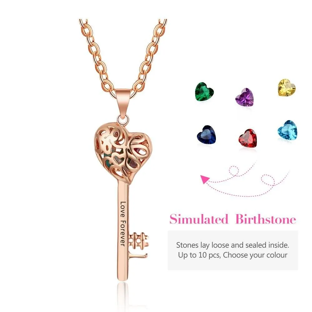 Key Shape With Birthstone Rose Gold Color Personalized Gift Engrave Name 925 Sterling Silver Pendant Necklace