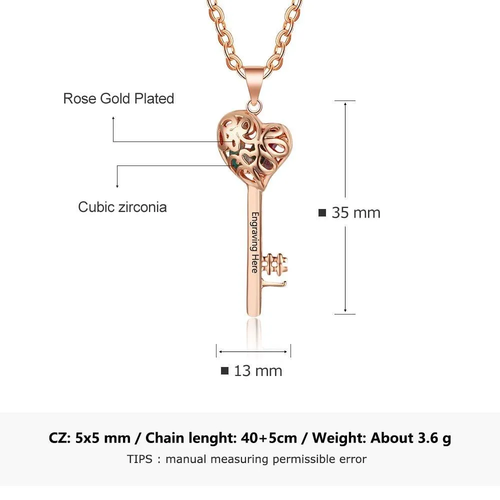 Key Shape With Birthstone Rose Gold Color Personalized Gift Engrave Name 925 Sterling Silver Pendant Necklace