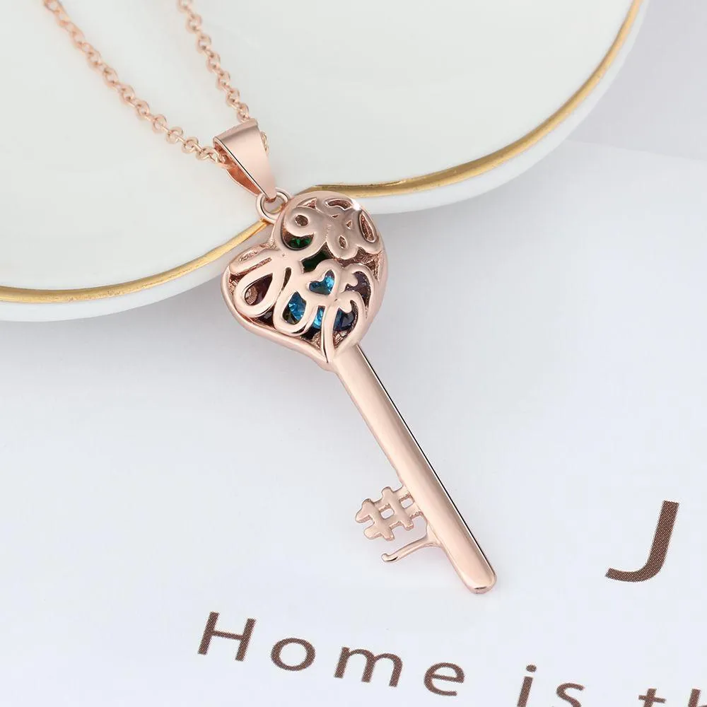 Key Shape With Birthstone Rose Gold Color Personalized Gift Engrave Name 925 Sterling Silver Pendant Necklace