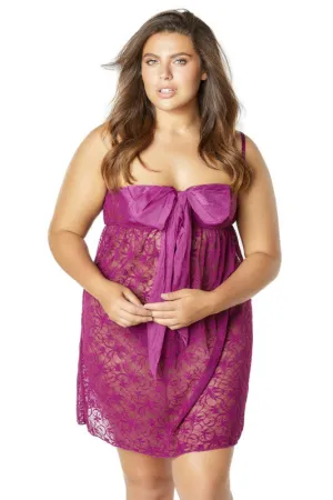 Lace Empire Babydoll With Functional Tie Shelf Cups G-String - Amaranth - 3x4x
