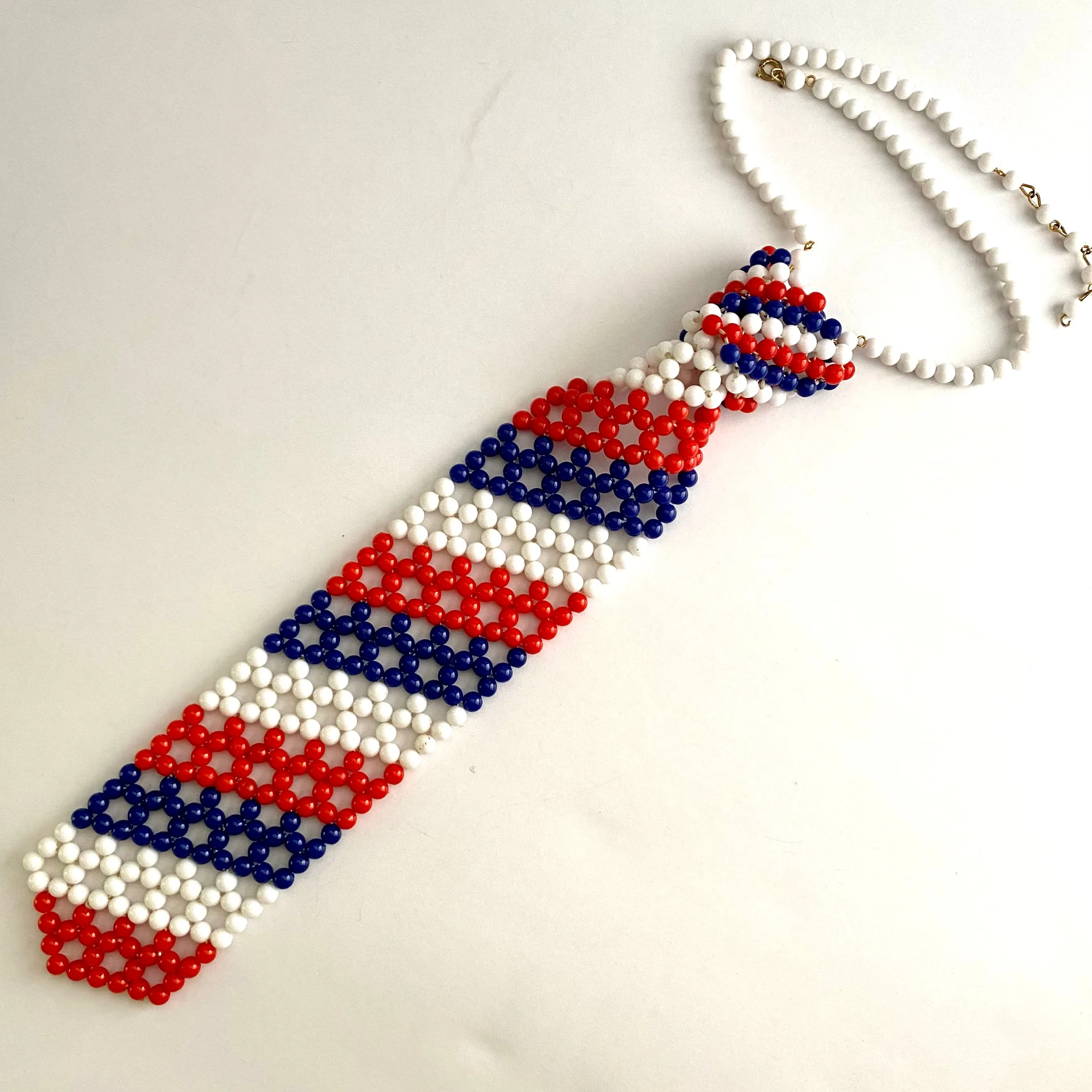 Late 60s/ Early 70s Red, White & Blue Beaded Necktie Necklace