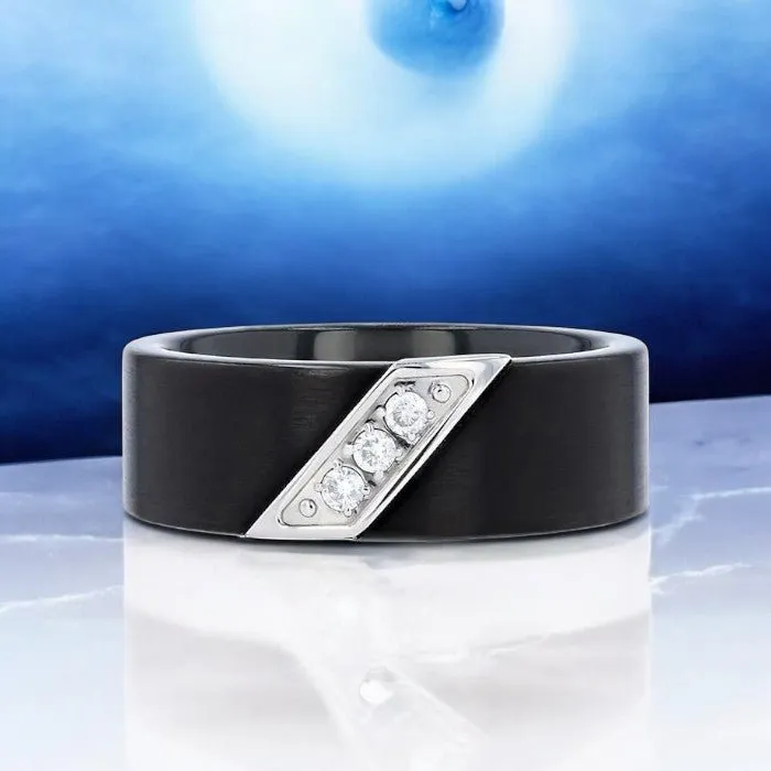 LIAM | Black Tungsten Ring, 3 White Diamond Inlay, Flat