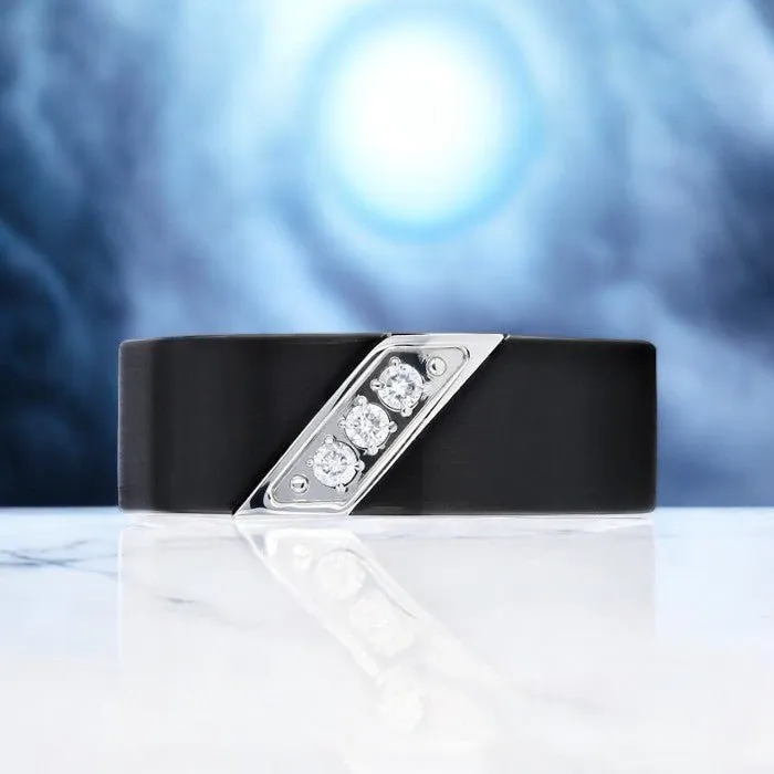 LIAM | Black Tungsten Ring, 3 White Diamond Inlay, Flat