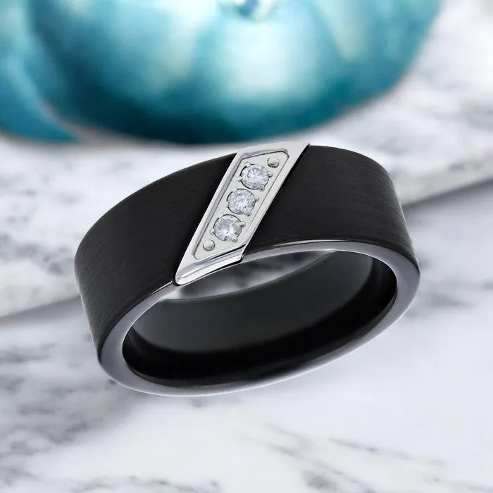 LIAM | Black Tungsten Ring, 3 White Diamond Inlay, Flat