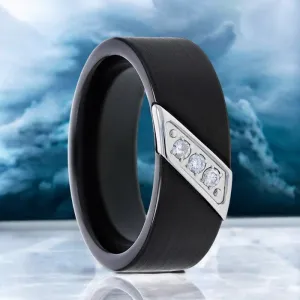 LIAM | Black Tungsten Ring, 3 White Diamond Inlay, Flat