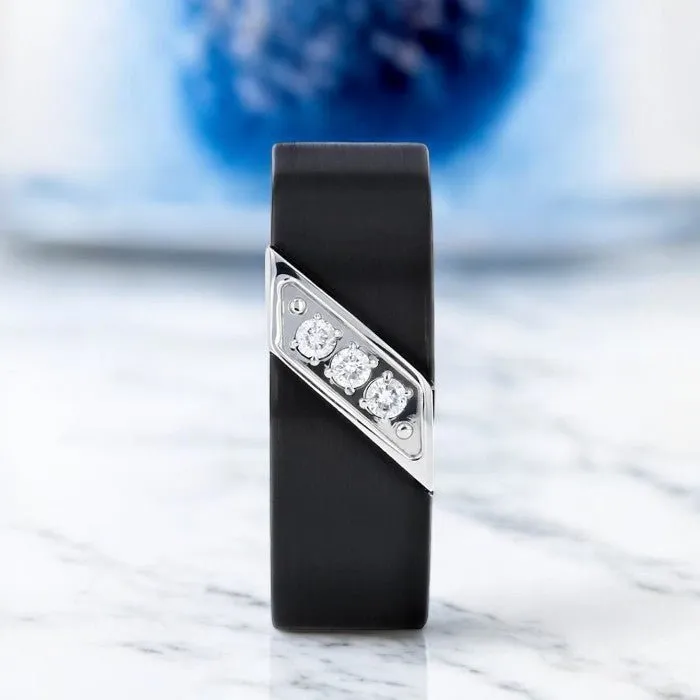 LIAM | Black Tungsten Ring, 3 White Diamond Inlay, Flat