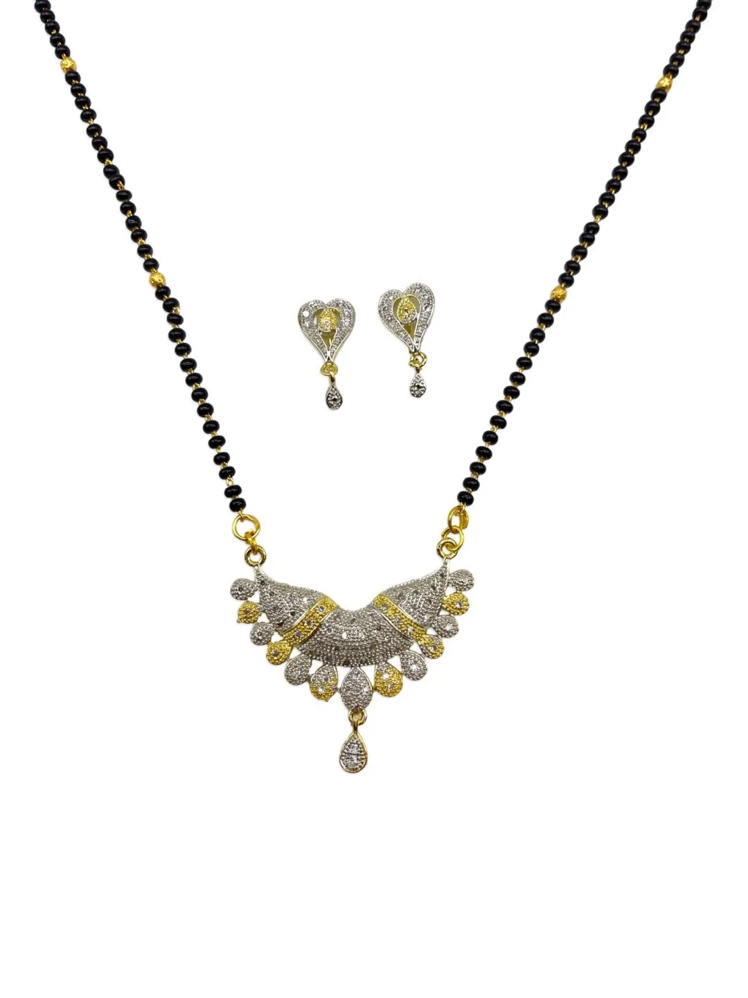 Long Artificial American Diamond Mangalsutra Set In Traditional Marathi Style Black Beads Chain