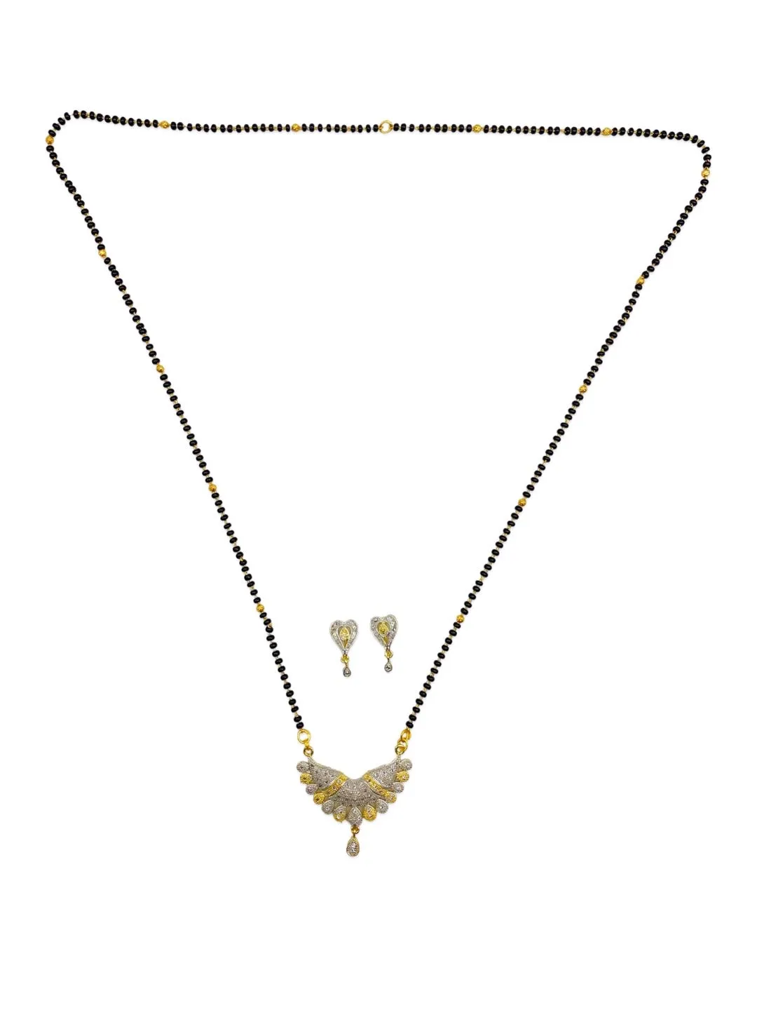 Long Artificial American Diamond Mangalsutra Set In Traditional Marathi Style Black Beads Chain