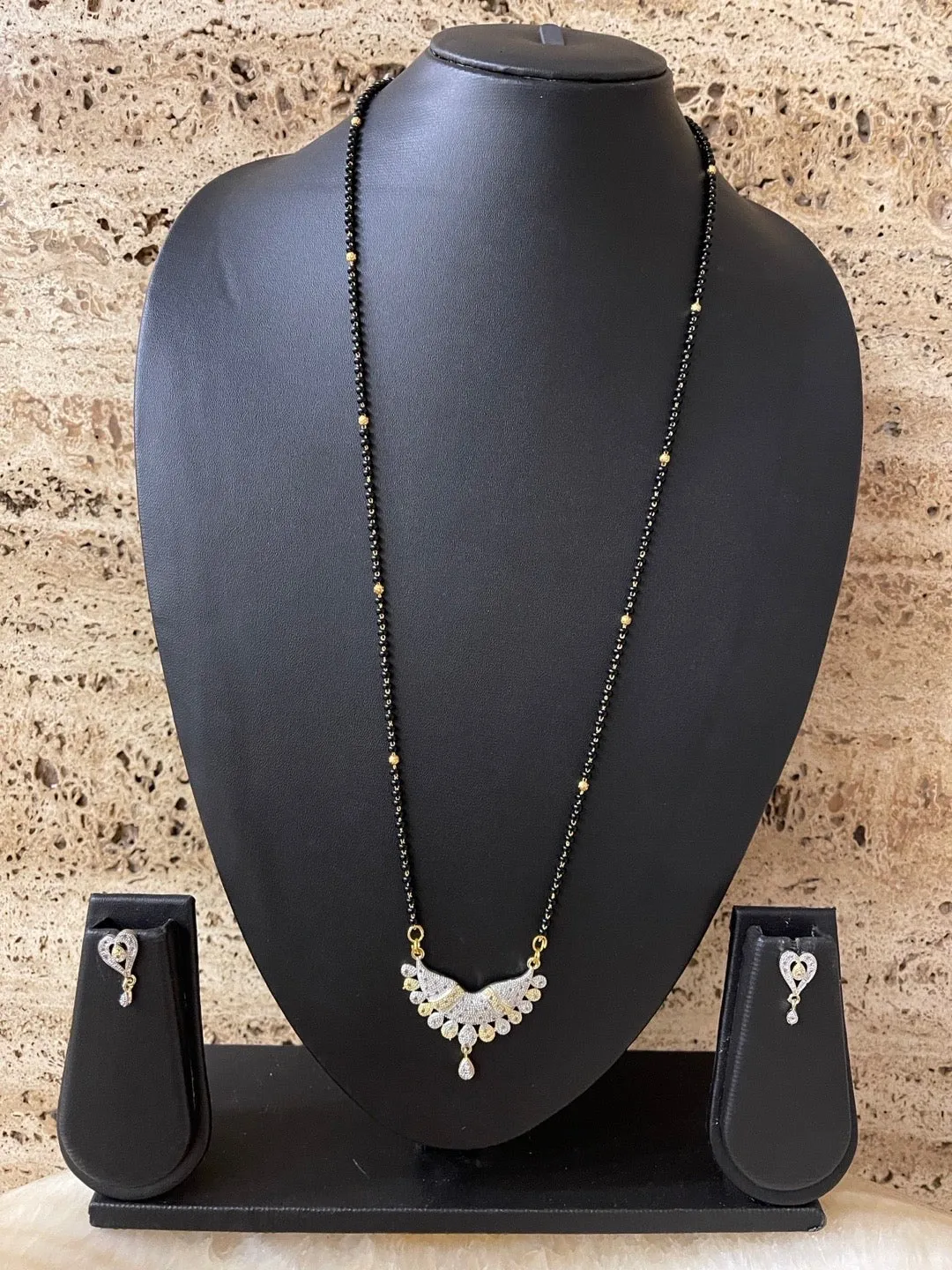Long Artificial American Diamond Mangalsutra Set In Traditional Marathi Style Black Beads Chain