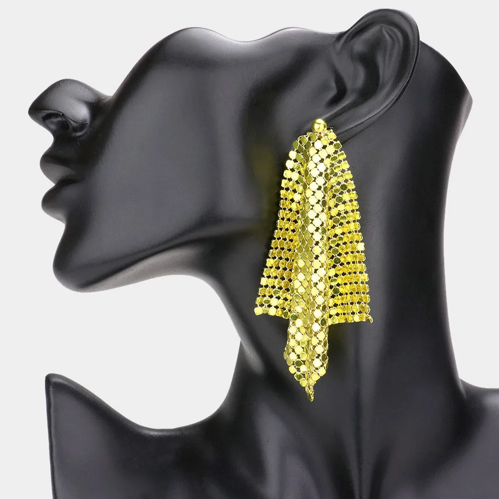 Long Yellow Colored Mesh Chain Dangle Fun Fashion Earrings | Runway Earrings | 588787