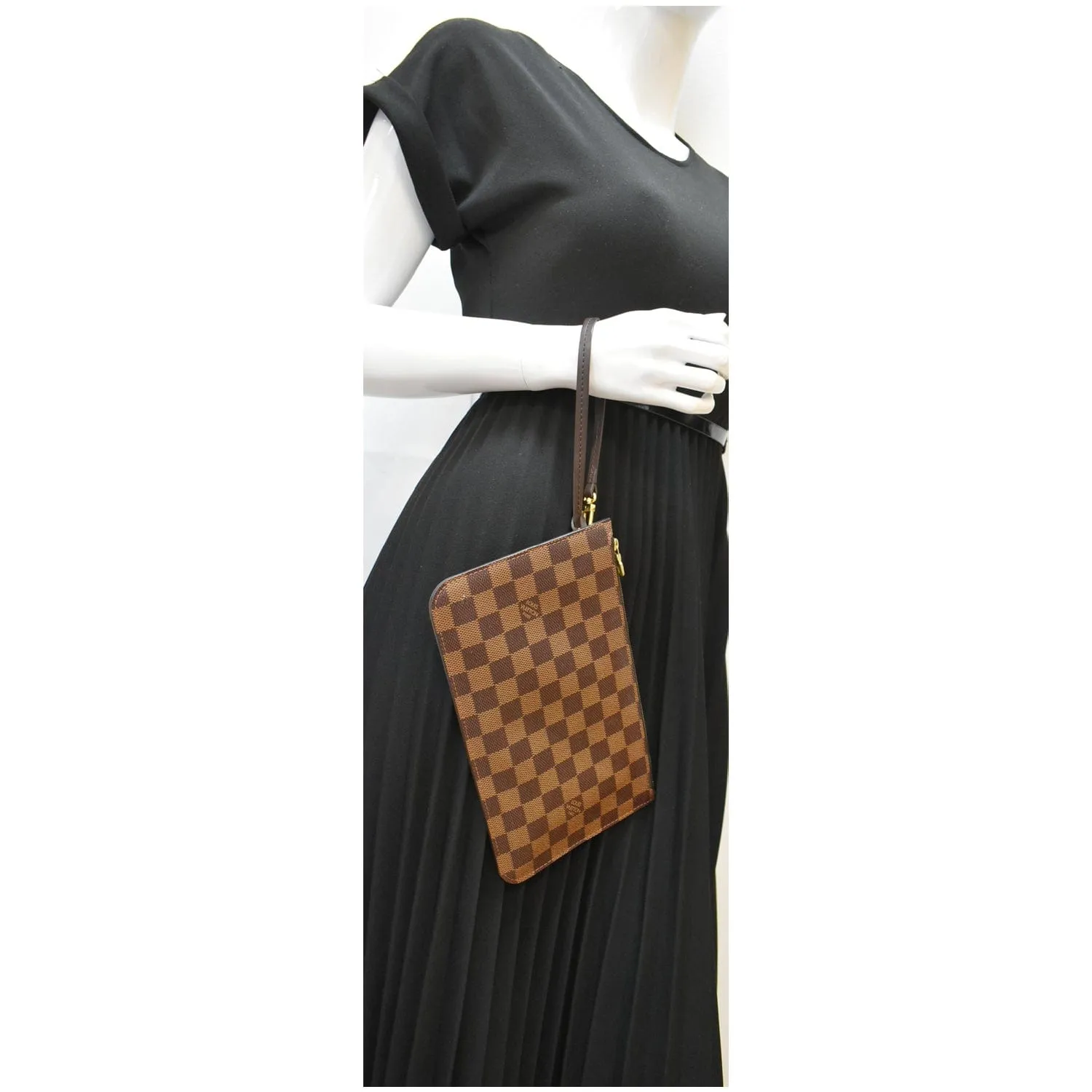 LOUIS VUITTON Neverfull MM Damier Ebene Pochette Wristlet Pouch Brown