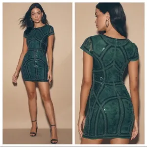 Lulus Spread Your Shine Emerald Green Sequin Embroidered Bodycon Dress Sz XS