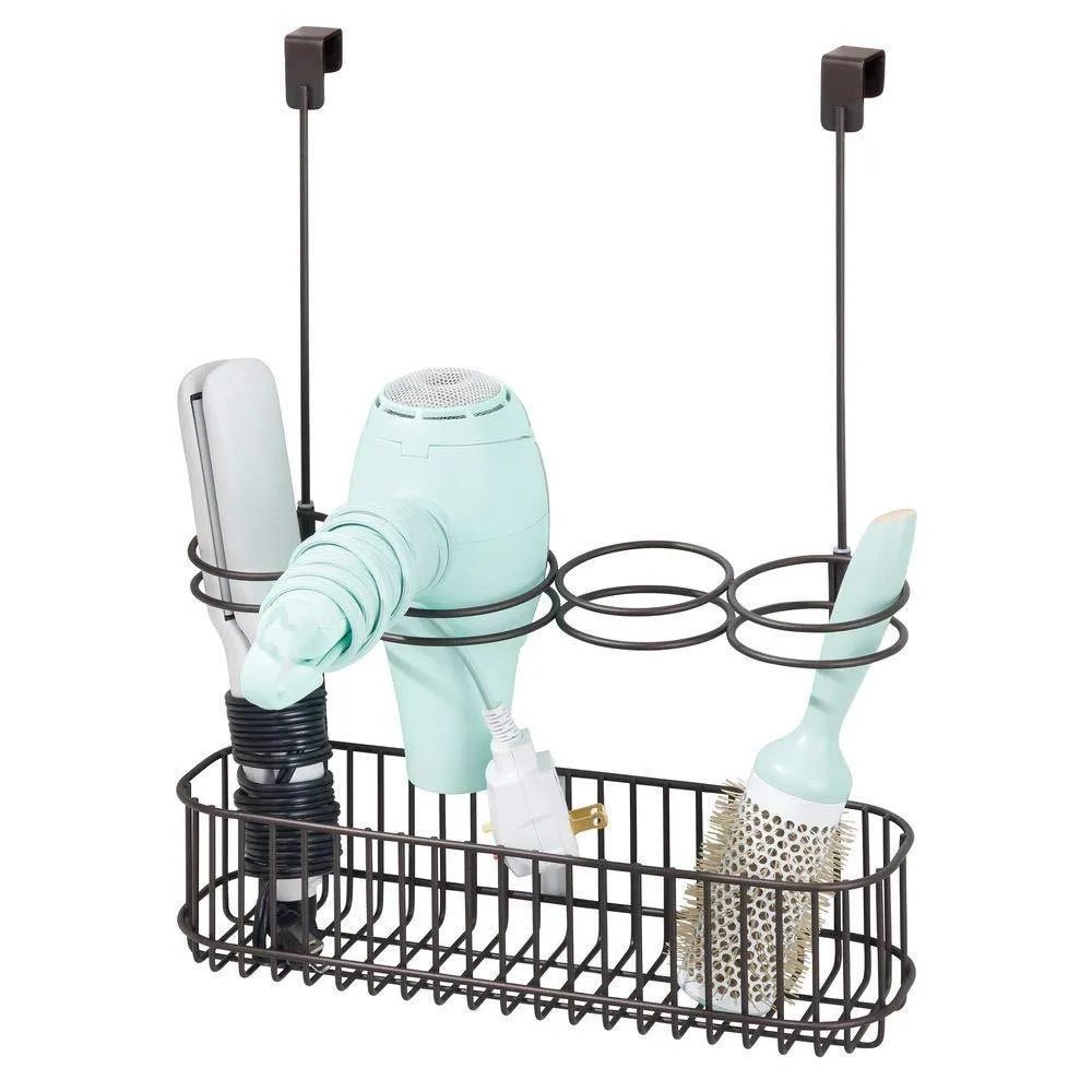 mDesign Over Door Bathroom Hair Care & Styling Tool Organizer Storage Basket for Hair Dryer, Flat Iron, Curling Wand, Hair Straighteners, Brushes - Hang Inside or Outside Cabinet Doors - Bronze