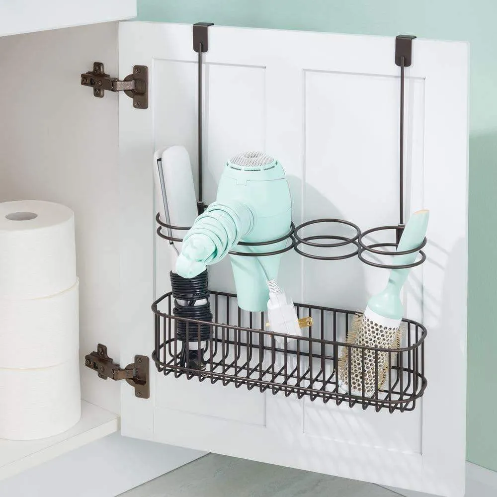 mDesign Over Door Bathroom Hair Care & Styling Tool Organizer Storage Basket for Hair Dryer, Flat Iron, Curling Wand, Hair Straighteners, Brushes - Hang Inside or Outside Cabinet Doors - Bronze