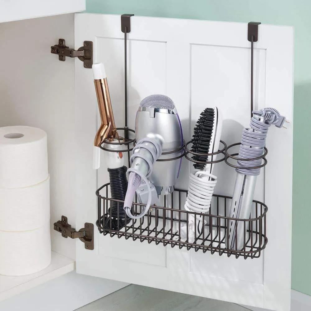 mDesign Over Door Bathroom Hair Care & Styling Tool Organizer Storage Basket for Hair Dryer, Flat Iron, Curling Wand, Hair Straighteners, Brushes - Hang Inside or Outside Cabinet Doors - Bronze