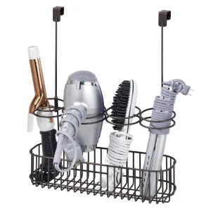 mDesign Over Door Bathroom Hair Care & Styling Tool Organizer Storage Basket for Hair Dryer, Flat Iron, Curling Wand, Hair Straighteners, Brushes - Hang Inside or Outside Cabinet Doors - Bronze