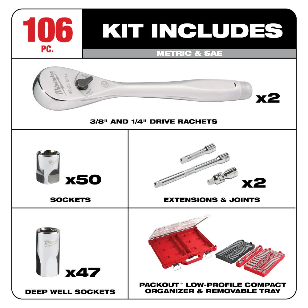 Milwaukee 48-22-9486 106pc 1/4" and 3/8" Metric & SAE Ratchet and Socket Set with PACKOUT Low-Profile Organizer
