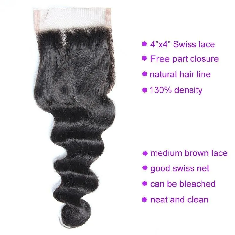 Modern Show Raw Indian Virgin Hair Loose Wave 3 Bundles With 4x4 Lace Closure 100% Real Human Hair