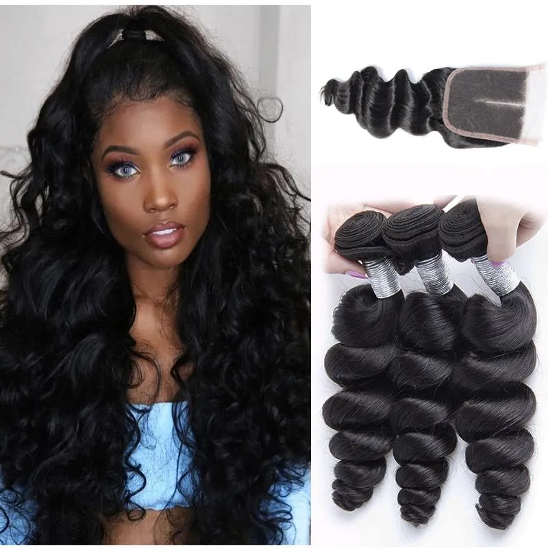Modern Show Raw Indian Virgin Hair Loose Wave 3 Bundles With 4x4 Lace Closure 100% Real Human Hair