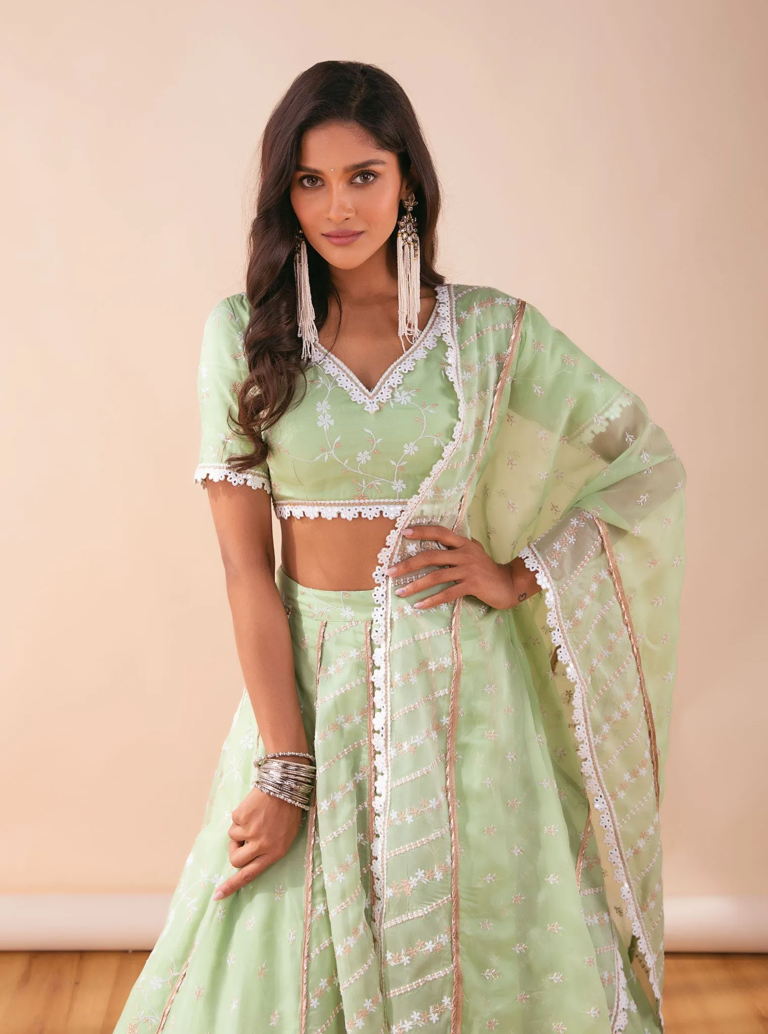 Mulmul Keylong Green Organza Lehenga