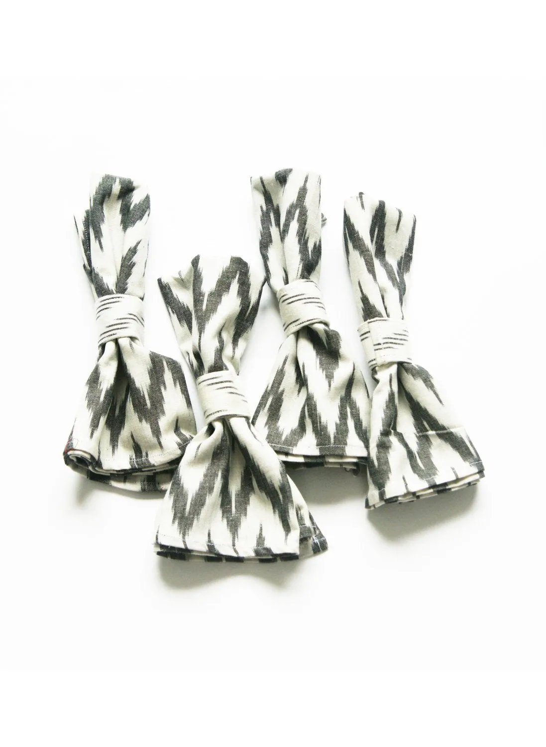 Napkin Ring Set Handwoven Cotton Cloth White Grey Ikat Diagonal Stripe Set of 4