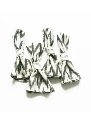 Napkin Ring Set Handwoven Cotton Cloth White Grey Ikat Diagonal Stripe Set of 4