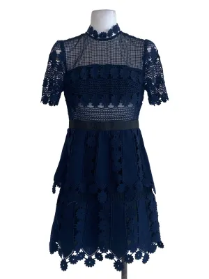 Navy Blue Floral Laced Empire Dress