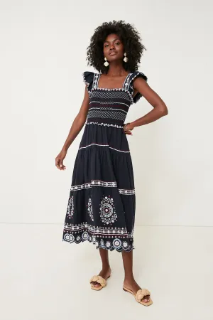 Navy Shaina Embroidery Flutter Sleeve Smocked Dress
