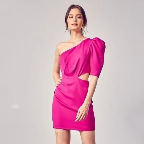 NEW DO BE one shoulder puff sleeve dress in party fuchsia