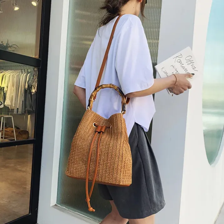 Olivia Bucket Drawstring Bamboo Handle Crossbody Bag