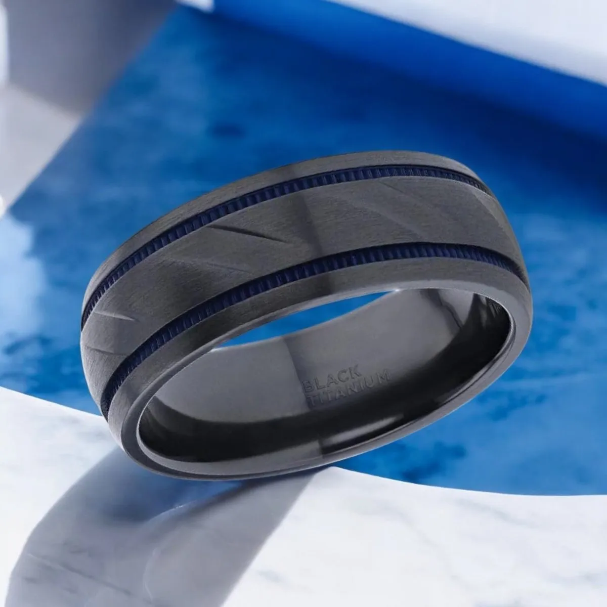 PATROL | Black Titanium Ring, Blue Milgrain Grooves, Carved Diagonal Pattern, Domed