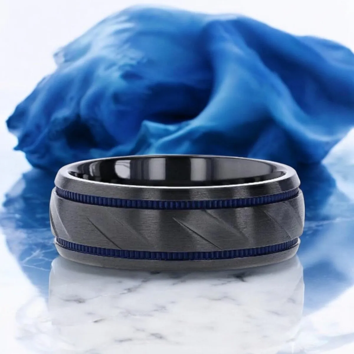PATROL | Black Titanium Ring, Blue Milgrain Grooves, Carved Diagonal Pattern, Domed