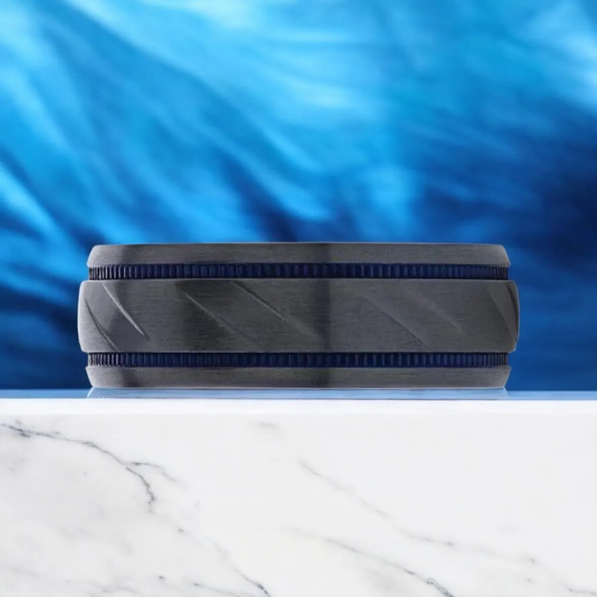 PATROL | Black Titanium Ring, Blue Milgrain Grooves, Carved Diagonal Pattern, Domed